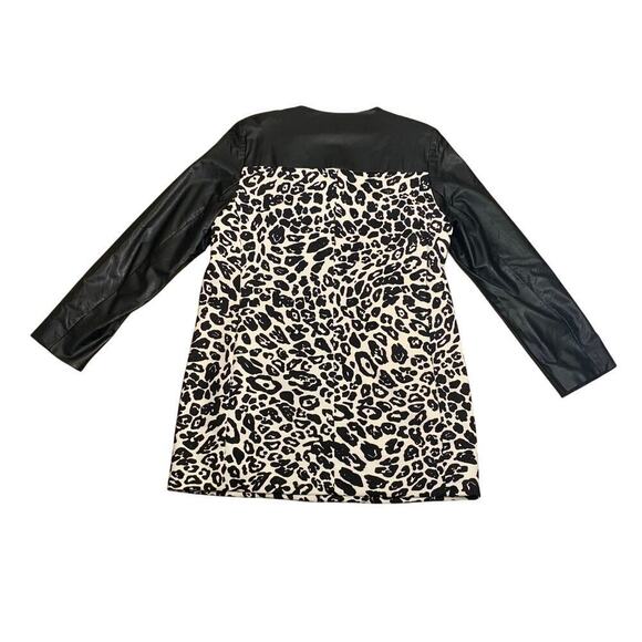 Chico's Black Faux Leather & Leopard Print Long A-line Jacket - Size 1 (M / 8) - Picture 4 of 9
